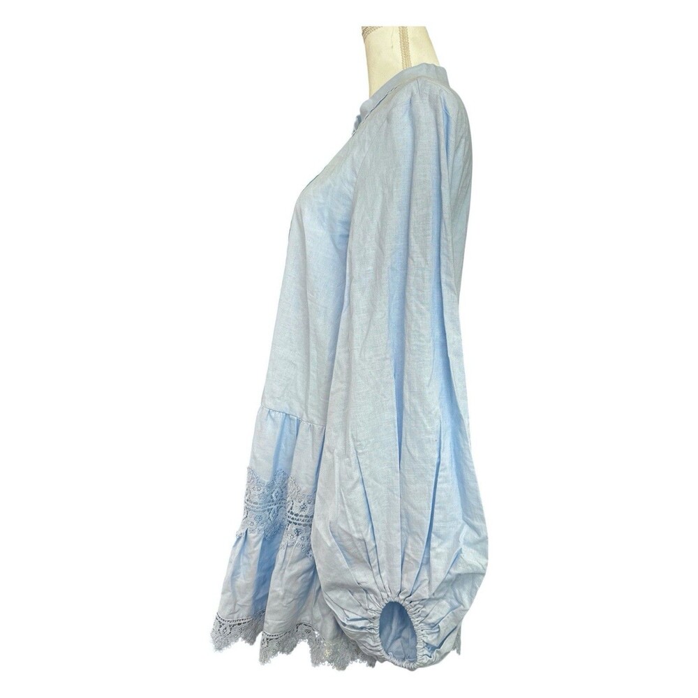 Bardot Antonia Lace Trim Mini Dress Soft Blue Cotton Linen Boho Romantic M NWT - Picture 5 of 7